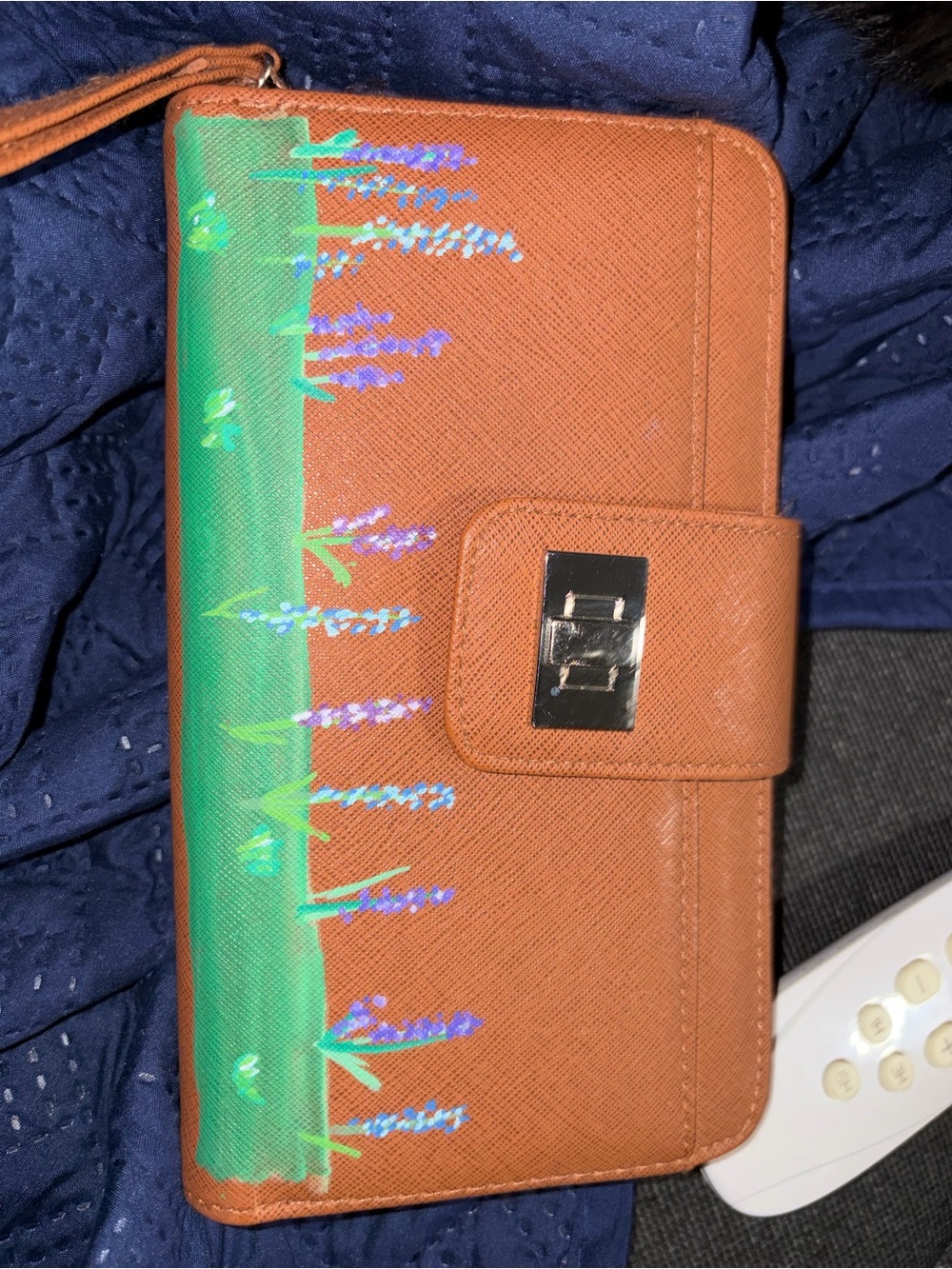 Brown Floral Accent Wallet Phone Case with Turn-Lock Closure